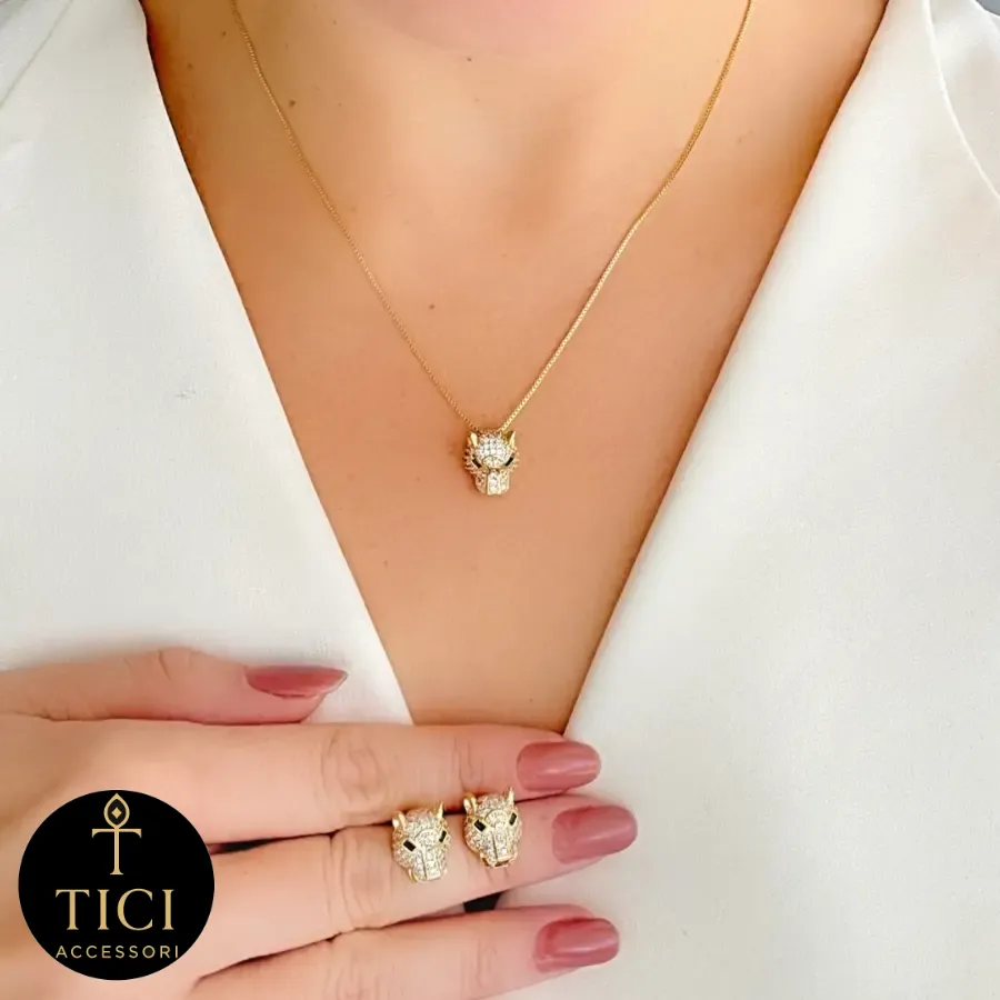 Conjunto Pantera Olhos Verdes Cravejado