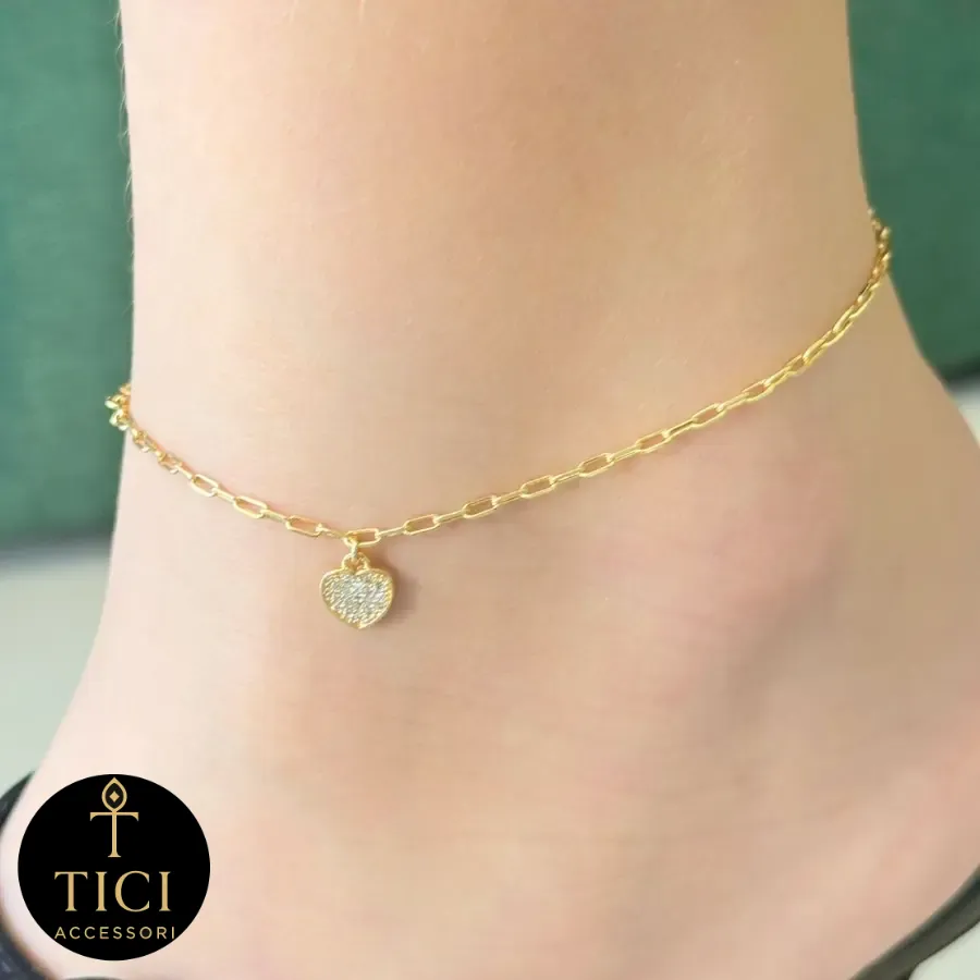 Tornozeleira Coração Brilhante com Elos Delicados