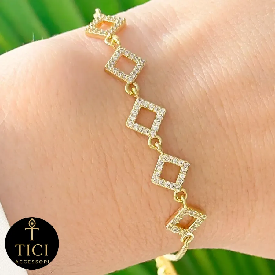 Pulseira Gravata de 5 Losangos Cravejados