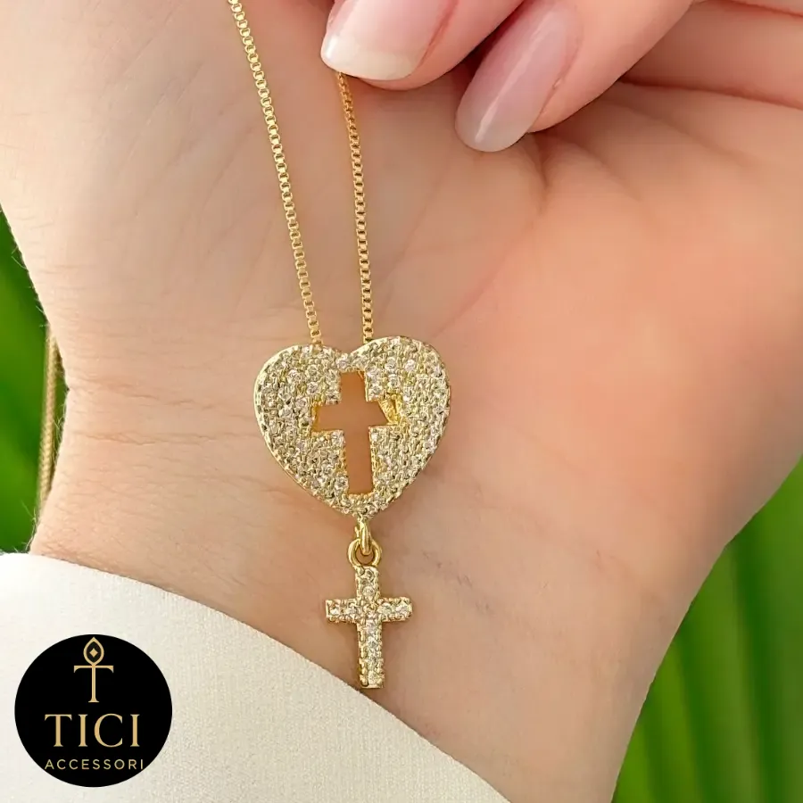 Colar Coração e Cruz Cravejado