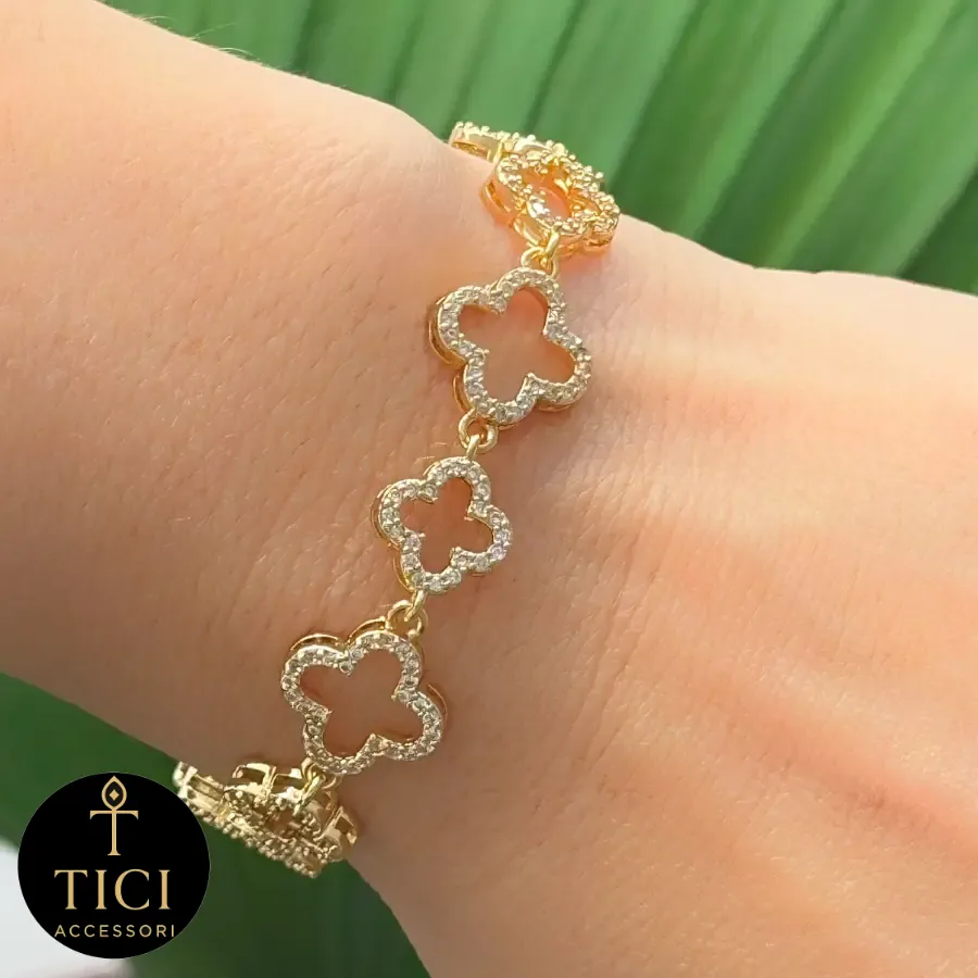 Pulseira Trevos Dourados de Brilho