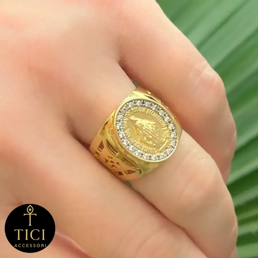 Anel Medalha Milagrosa com Brilho Dourado