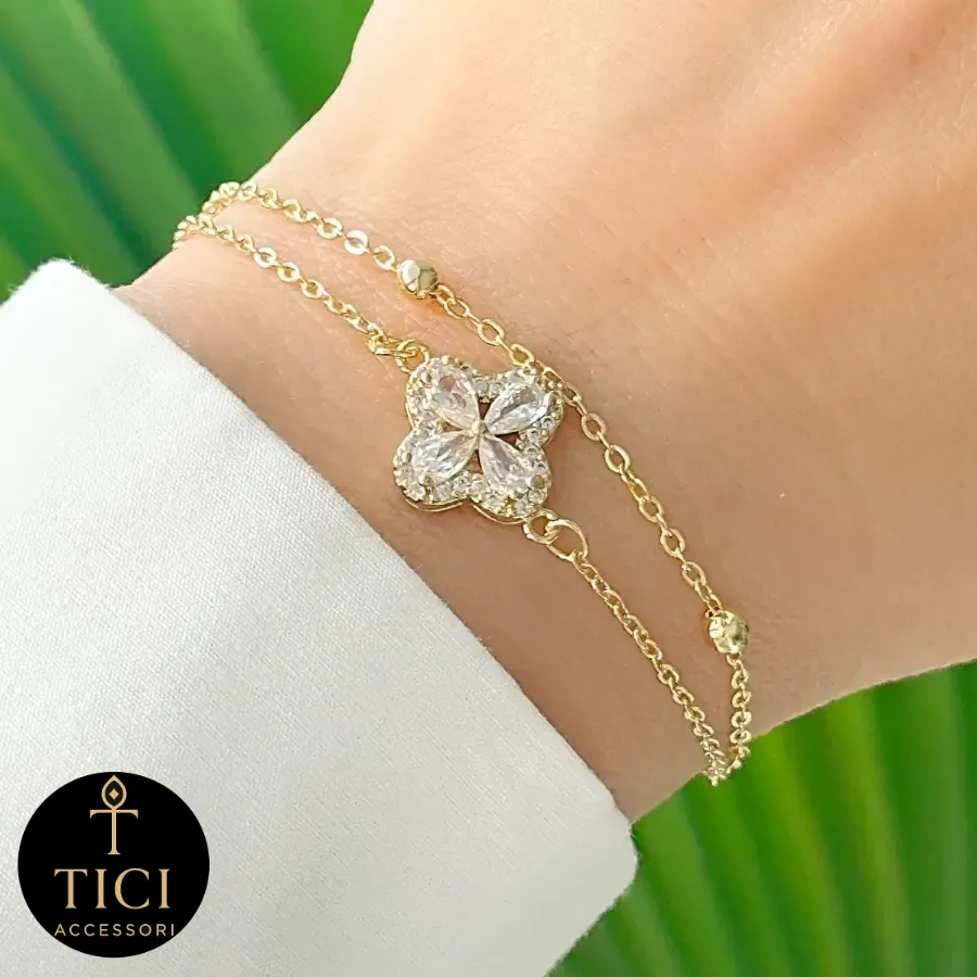 Pulseira Flor de Brilho e Gotas Douradas