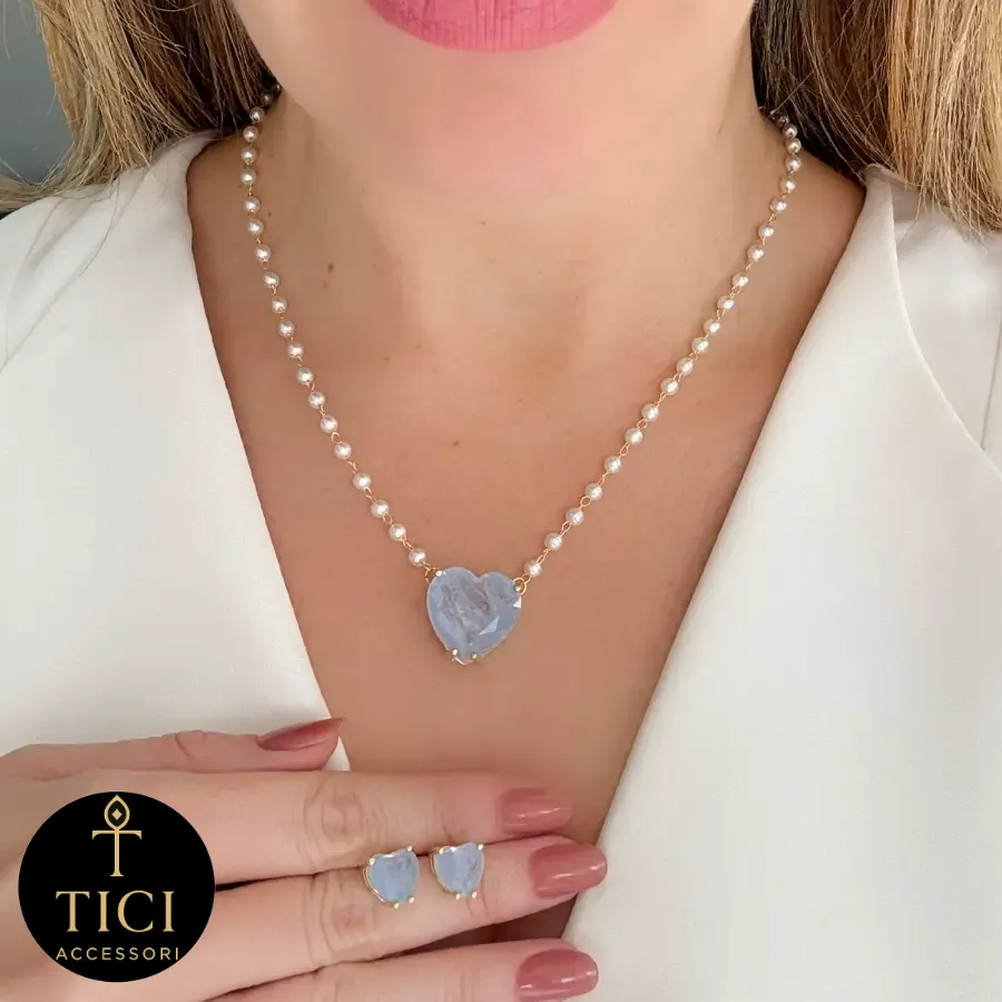 Conjunto Doçura Celeste: Coração Azul e Pérolas