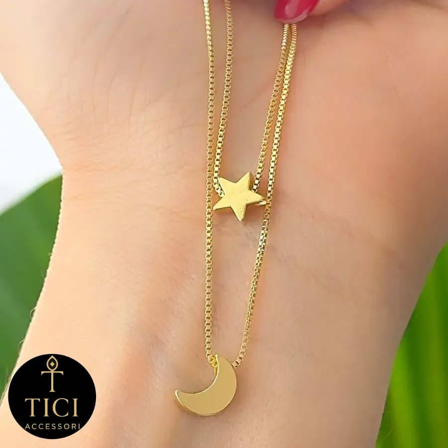 Colar Duplo Celestial Lua e Estrela