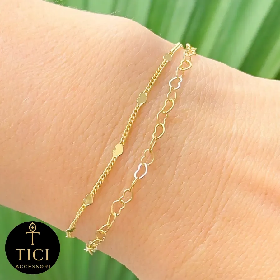 Pulseira Malha Dupla Corações Dourados