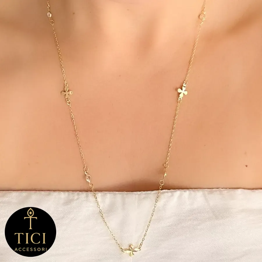 Colar Trevos e Pontos de Luz Dourados