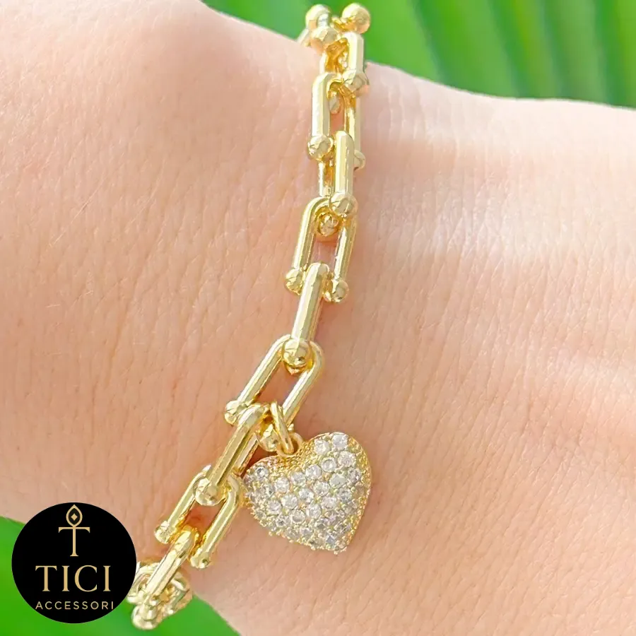 Pulseira Elos U com Coração Cravejado