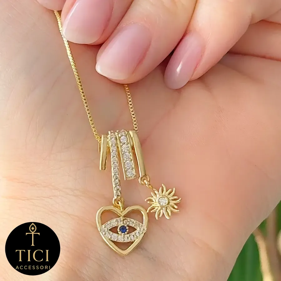 Colar Dourado Coração Olho Grego e Sol com Zircônias