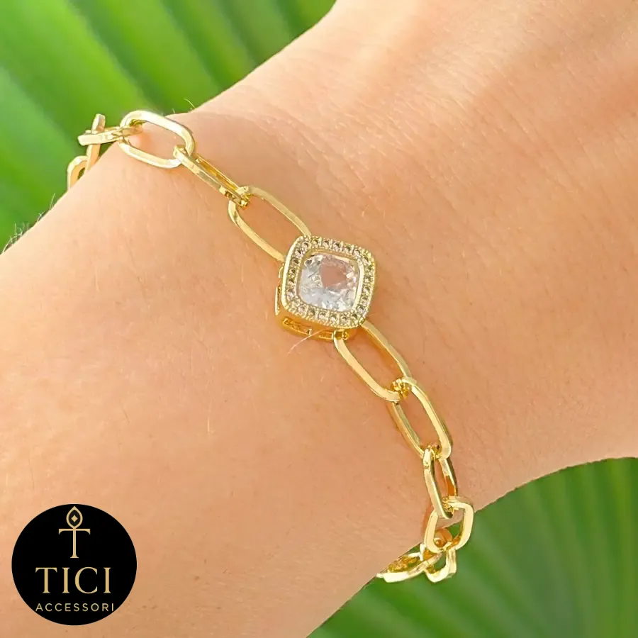 Pulseira Elos Ovais e Ponto de Luz Quadrado