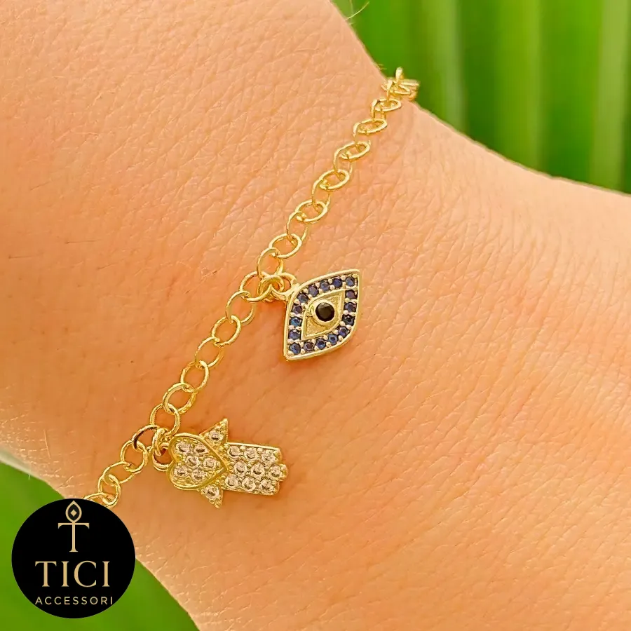 Pulseira Dourada Olho Grego e Mão de Fátima