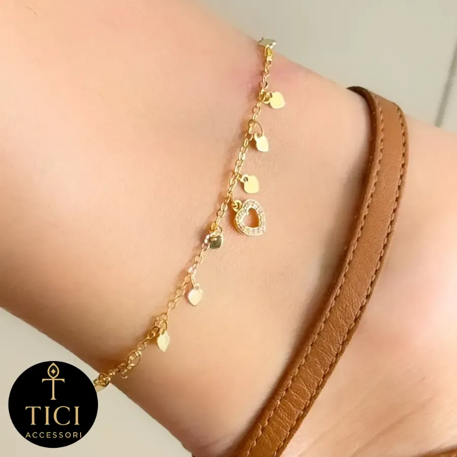 Tornozeleira Corações Dourados e Brilhantes