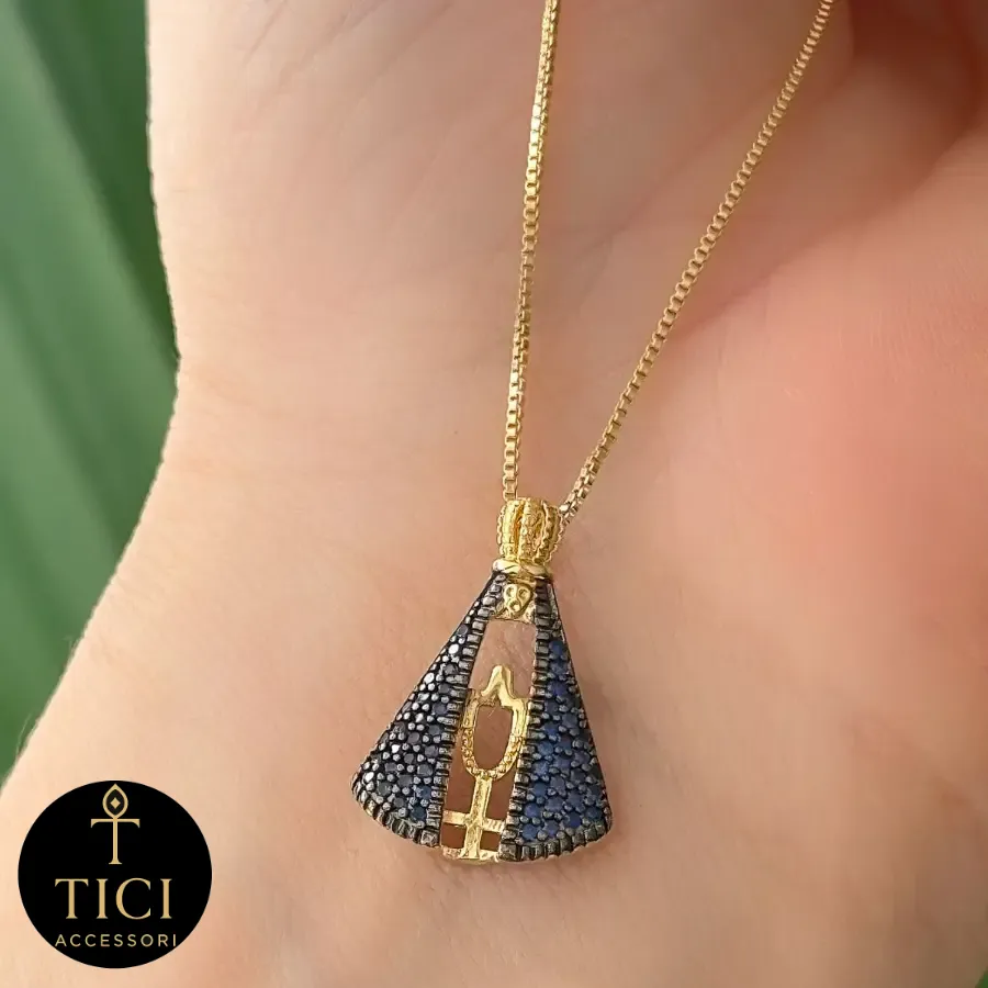 Colar Nossa Senhora Aparecida Vazada com Pedras Azuis