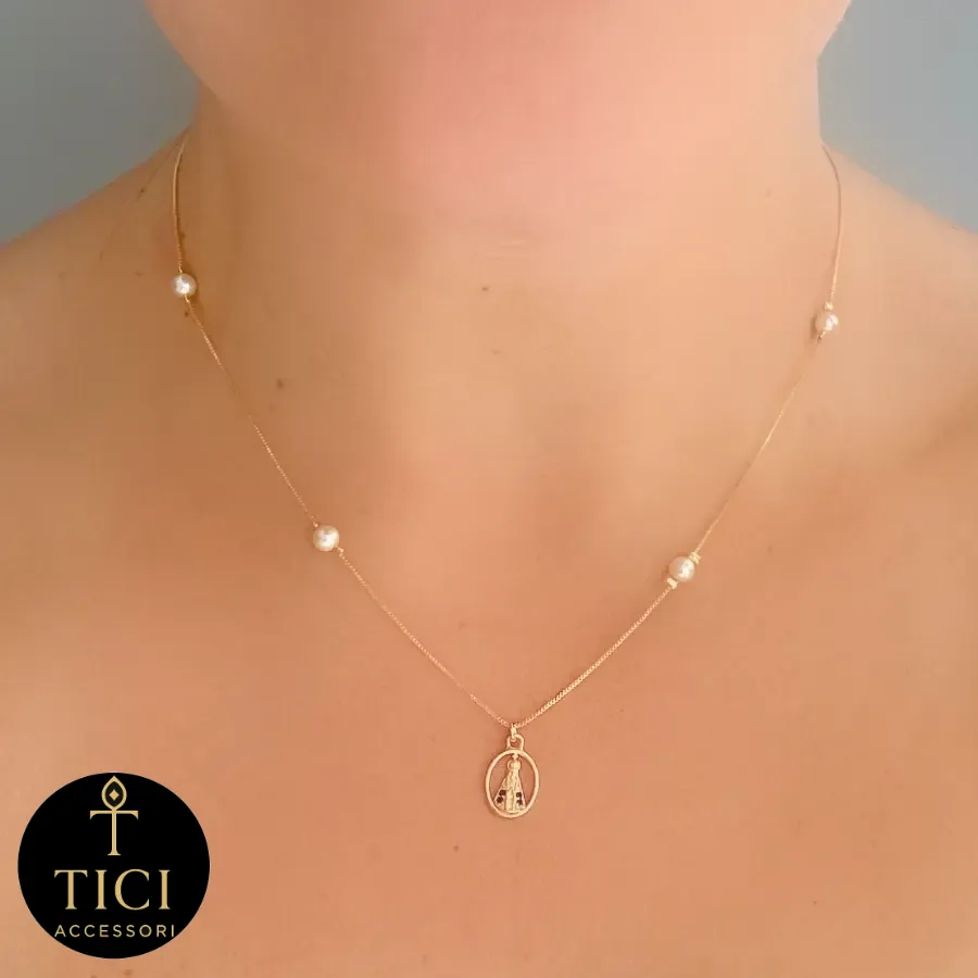 Colar Pontos de Luz com Pérolas e N. Sra. Aparecida