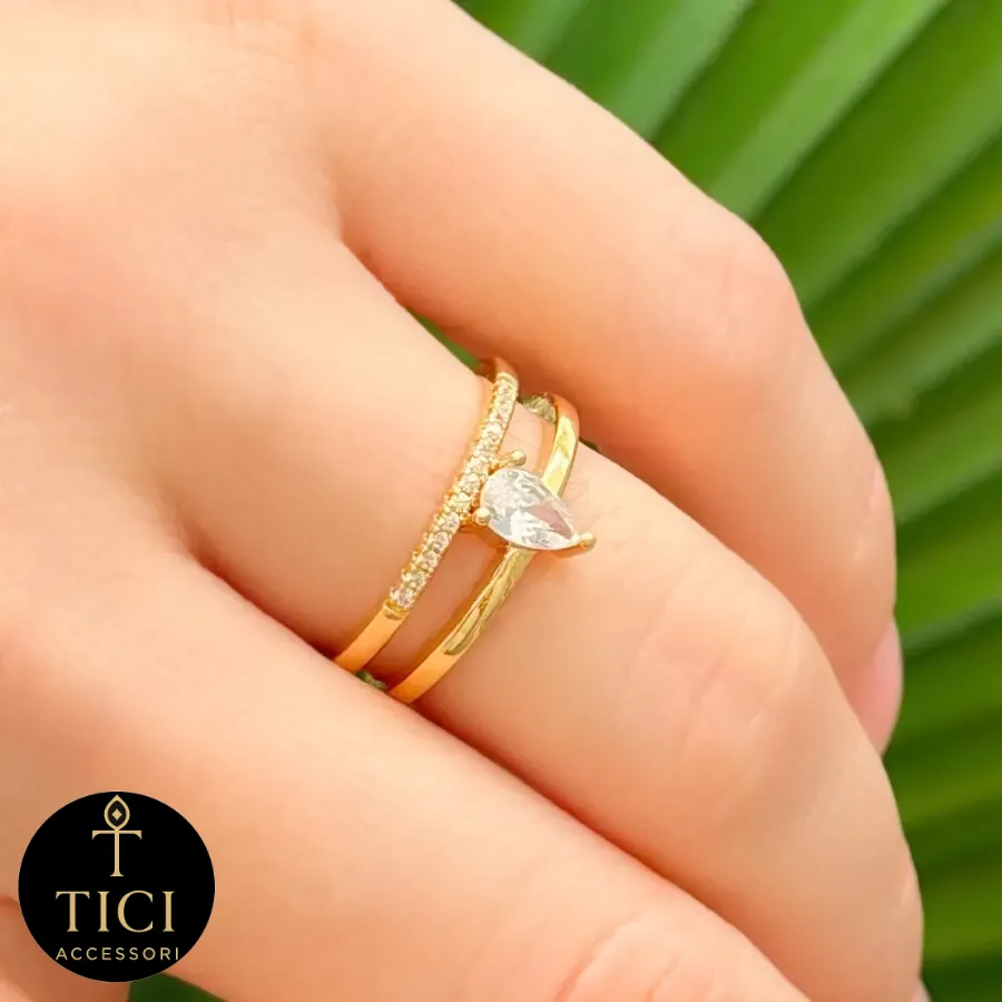 Anel de Aro Duplo com Zircônia em Gota e Filete de Brilho