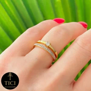 Anel Duplo com Filete Cravejado e Solitário Central - Imagem 1