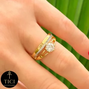 Anel de Aro Duplo com Solitário e Filete Brilhante - Imagem 1