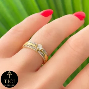 Anel de Faixa Larga com Solitário e Filetes Brilhantes - Imagem 1