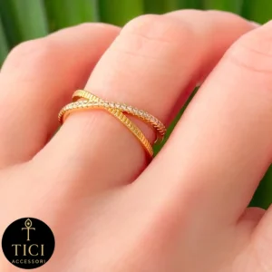 Anel de Design em X com Filete Cravejado e Texturizado - Imagem 1