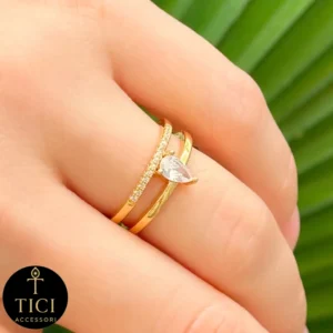 Anel de Aro Duplo com Zircônia em Gota e Filete de Brilho - Imagem 1